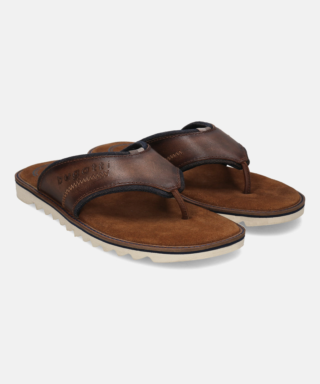 A cognac Men's bugatti Thongs featuring a open toe plain toe, zero heels heel. Made from premium genuine leather with a durable eva outsole, this slip-on design offers both style and comfort.