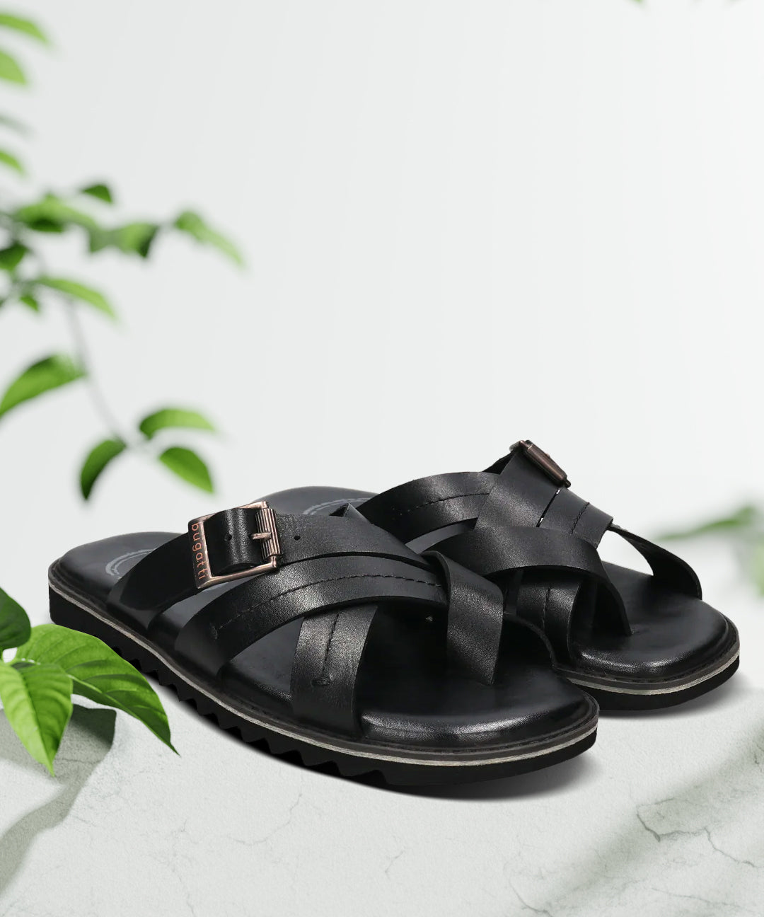 A black Men's bugatti Cross Strap Sandals featuring a open toe plain toe, zero heels heel, and a wide fit. Made from premium genuine leather with a durable eva outsole, this slip-on design offers both style and comfort.