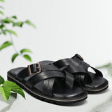 A black Men's bugatti Cross Strap Sandals featuring a open toe plain toe, zero heels heel, and a wide fit. Made from premium genuine leather with a durable eva outsole, this slip-on design offers both style and comfort.