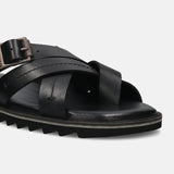 A black Men's bugatti Cross Strap Sandals featuring a open toe plain toe, zero heels heel, and a wide fit. Made from premium genuine leather with a durable eva outsole, this slip-on design offers both style and comfort.