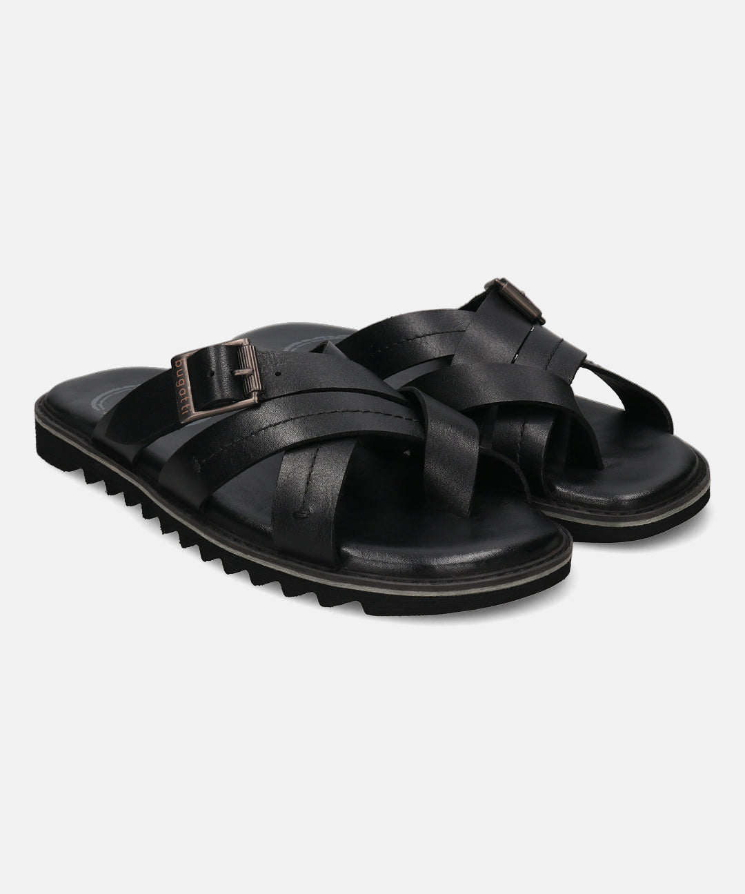 A black Men's bugatti Cross Strap Sandals featuring a open toe plain toe, zero heels heel, and a wide fit. Made from premium genuine leather with a durable eva outsole, this slip-on design offers both style and comfort.