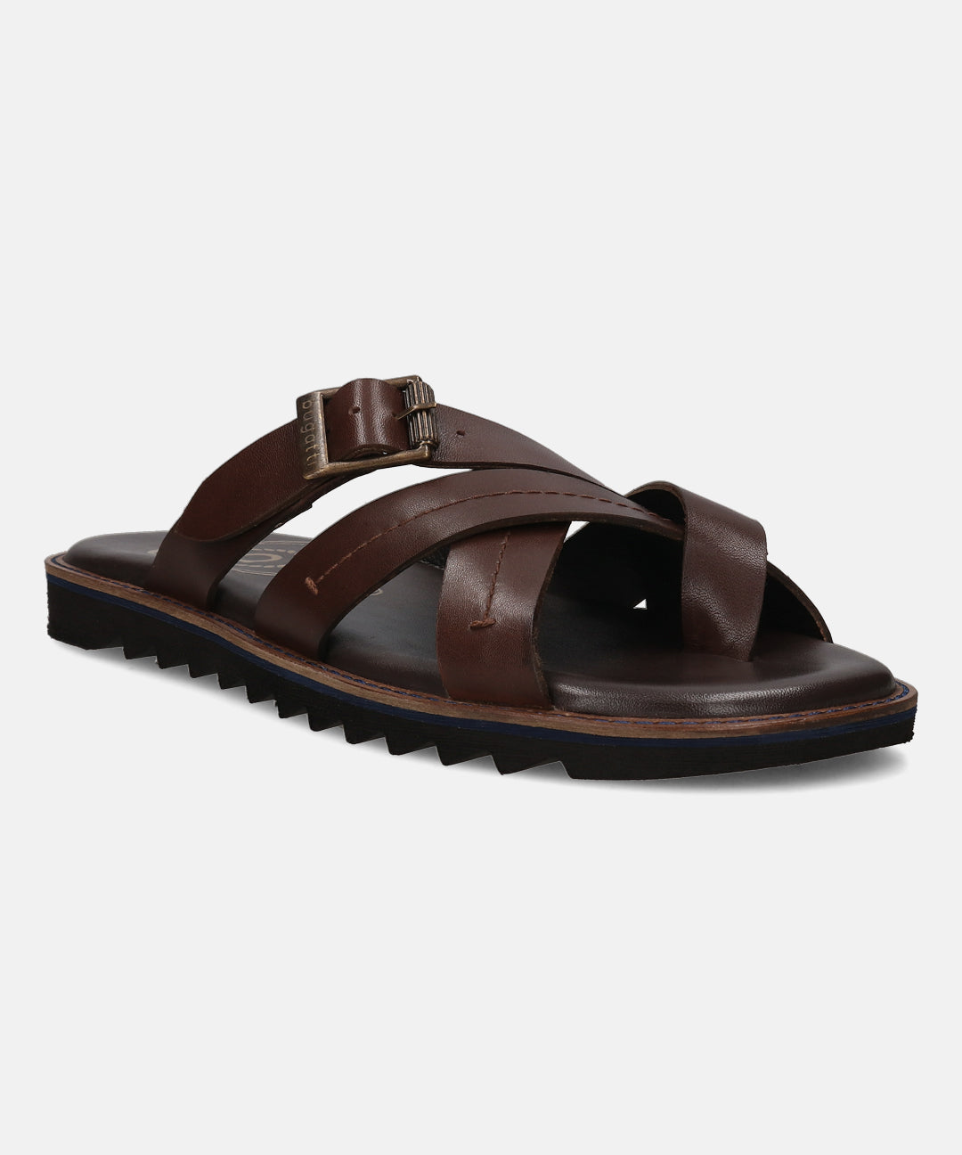 A brown Men's bugatti Cross Strap Sandals featuring a open toe plain toe, zero heels heel, and a wide fit. Made from premium genuine leather with a durable eva outsole, this slip-on design offers both style and comfort.