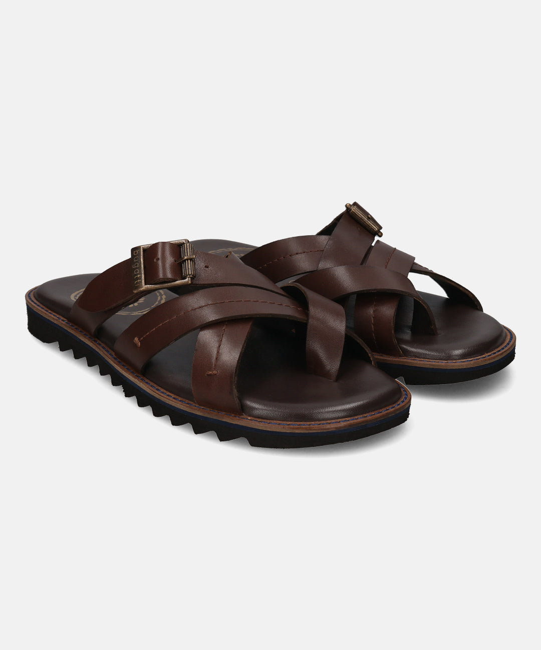 A brown Men's bugatti Cross Strap Sandals featuring a open toe plain toe, zero heels heel, and a wide fit. Made from premium genuine leather with a durable eva outsole, this slip-on design offers both style and comfort.
