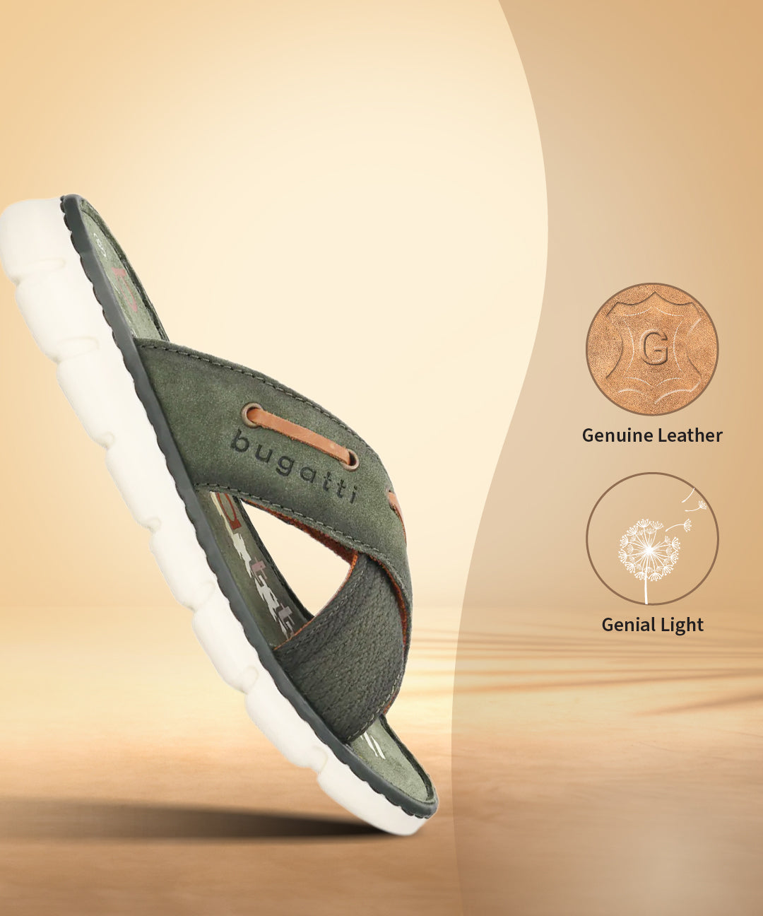 A green Men's bugatti Cross Strap Sandals featuring a round open toe, zero heels heel. Made from suede leather with a durable synthetic outsole, this slip-on design offers both style and comfort.