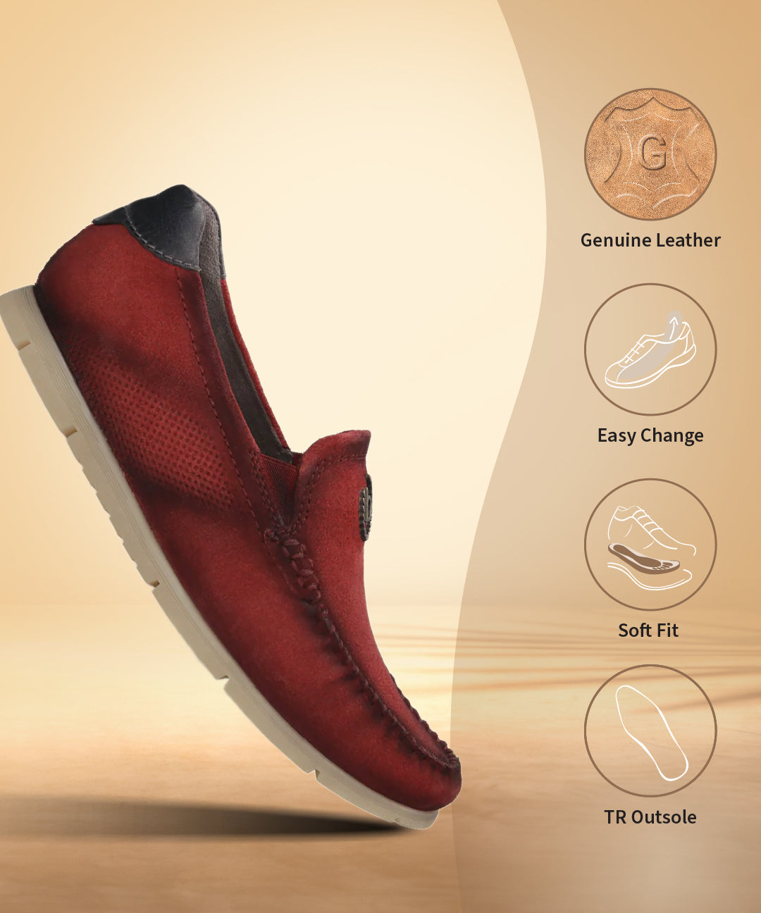 Red leather slip-on casual shoes by bugatti, with dark trim and perforated sides.