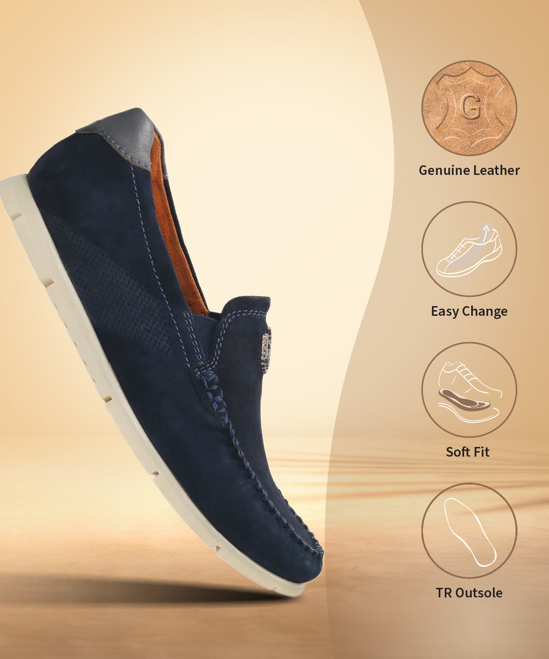 Dark blue leather comfort slip-on shoes by bugatti with a white sole and elastic side detail.