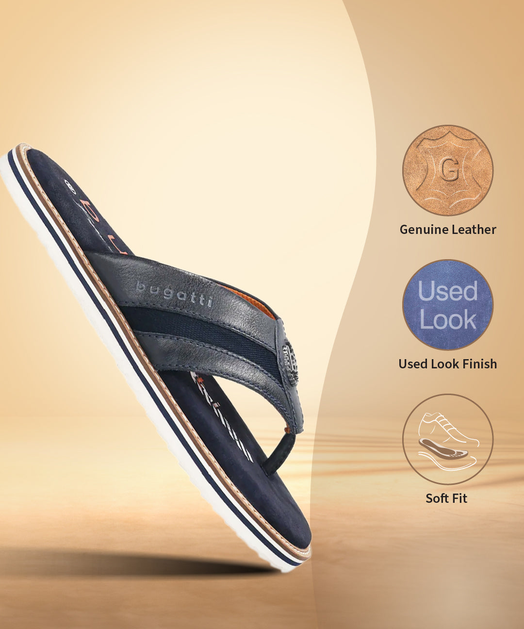 A blue Men's bugatti Thongs featuring a round open toe, zero heels heel, and a wide fit. Made from premium genuine leather with a durable eva outsole, this slip-on design offers both style and comfort.