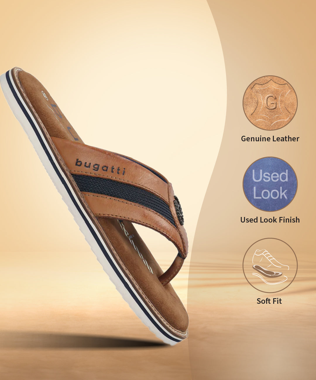 A cognac Men's bugatti Thongs featuring a round open toe, zero heels heel, and a wide fit. Made from premium genuine leather with a durable eva outsole, this slip-on design offers both style and comfort.