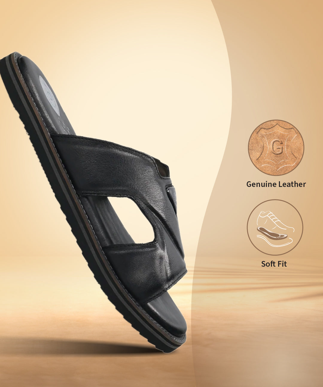 A black Men's bugatti Mules featuring a round toe plain toe, zero heels heel, and a wide fit. Made from premium genuine leather with a durable eva outsole, this slip-on design offers both style and comfort.