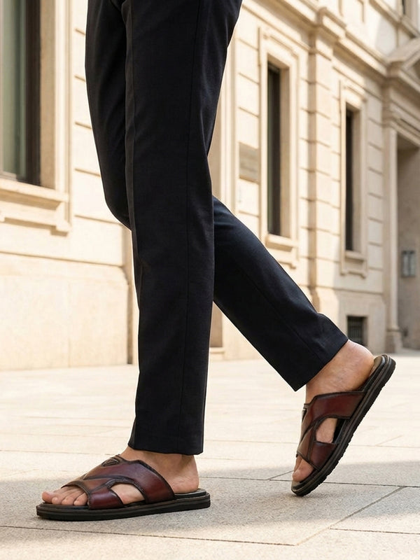 bugatti Cobie dark red premium leather comfort sandals with cross strap design.