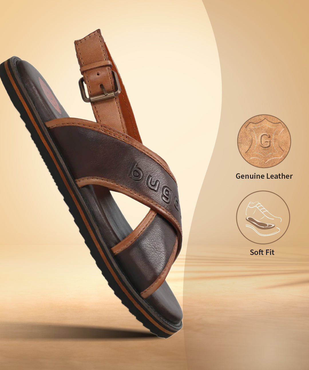 A brown Men's bugatti Back Strap Sandals featuring a open toe plain toe, zero heels heel, and a wide fit. Made from premium genuine leather with a durable eva outsole, this buckle design offers both style and comfort.