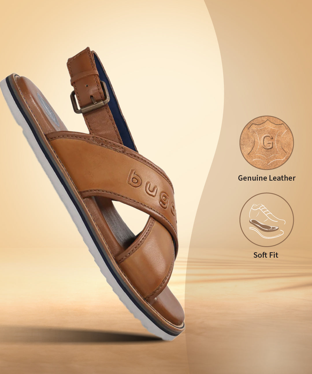 A cognac Men's bugatti Back Strap Sandals featuring a open toe plain toe, zero heels heel, and a wide fit. Made from premium genuine leather with a durable eva outsole, this buckle design offers both style and comfort.