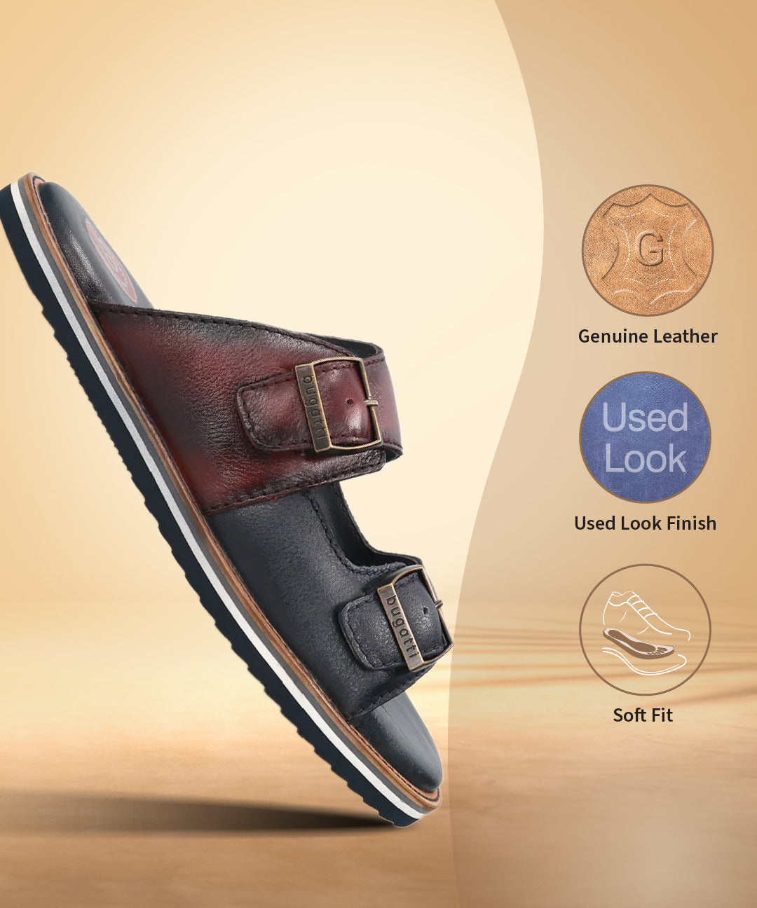 A blue Men's bugatti Mules featuring a round toe plain toe, zero heels heel. Made from premium genuine leather with a durable eva outsole, this slip-on design offers both style and comfort.