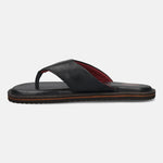 A black Men's bugatti Thongs featuring a open toe plain toe, zero heels heel, and a wide fit. Made from premium genuine leather with a durable eva outsole, this slip-on design offers both style and comfort.