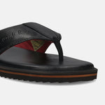 A black Men's bugatti Thongs featuring a open toe plain toe, zero heels heel, and a wide fit. Made from premium genuine leather with a durable eva outsole, this slip-on design offers both style and comfort.