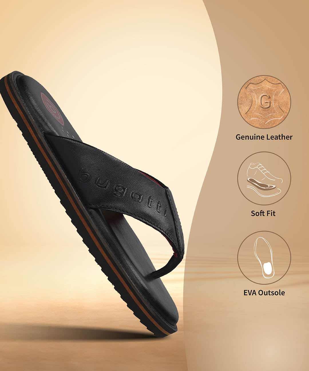 A black Men's bugatti Thongs featuring a open toe plain toe, zero heels heel, and a wide fit. Made from premium genuine leather with a durable eva outsole, this slip-on design offers both style and comfort.