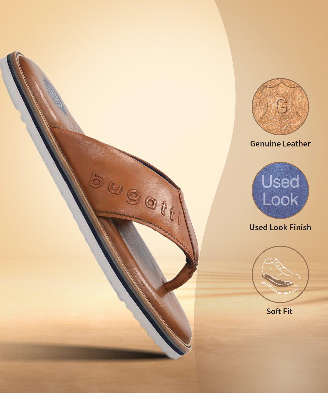 A cognac Men's bugatti Thongs featuring a open toe plain toe, zero heels heel, and a wide fit. Made from premium genuine leather with a durable eva outsole, this slip-on design offers both style and comfort.