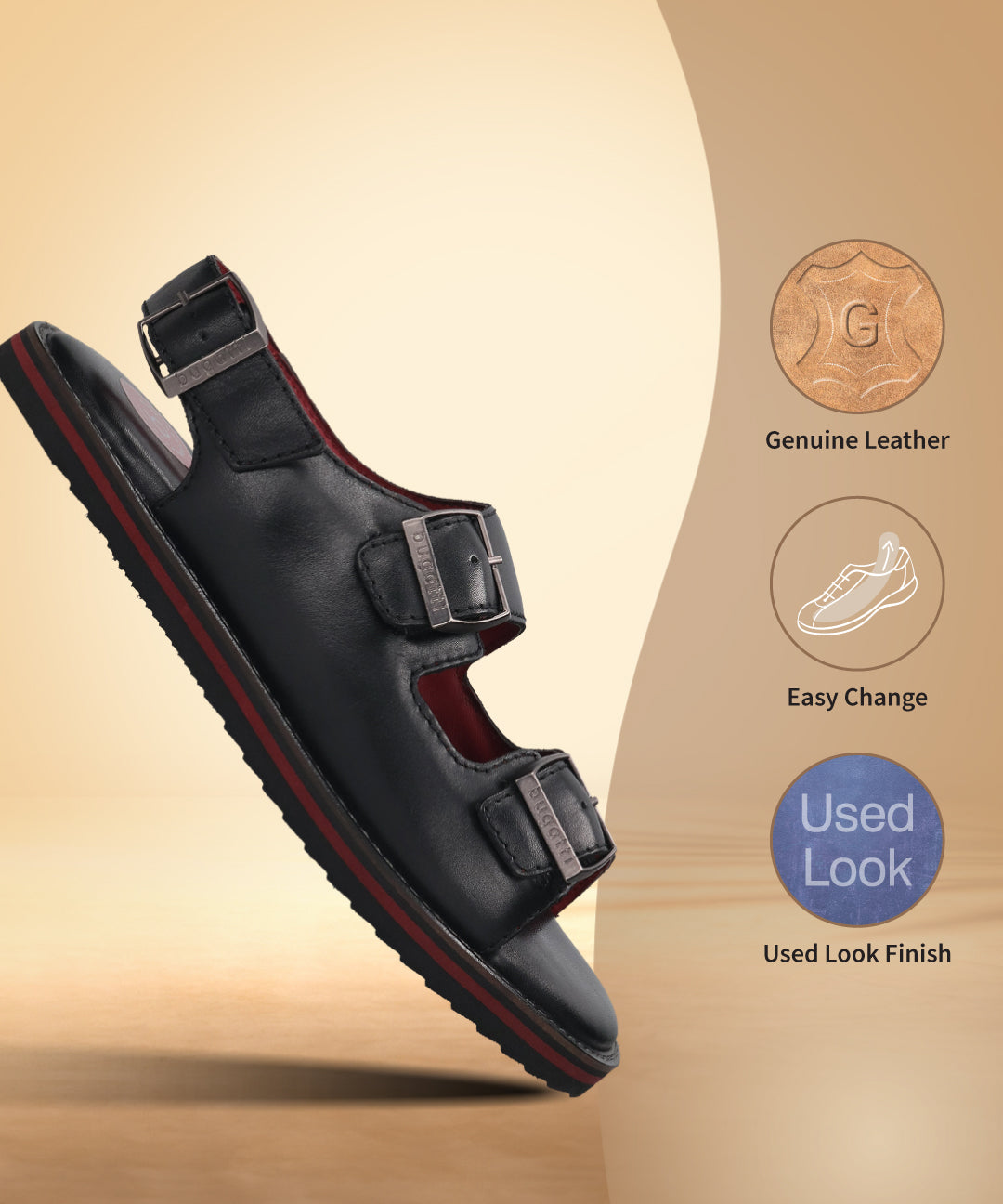 bugatti Cobie black leather sandal with buckle straps and a red-trimmed sole.
