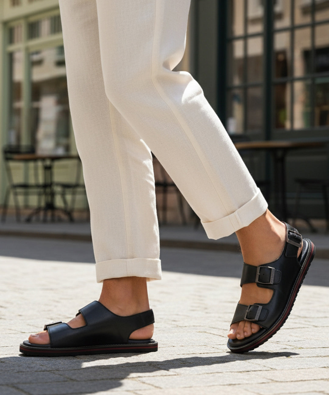 Lifestyle shot of bugatti Cobie black leather sandals with comfort back strap, paired with white linen pants.
