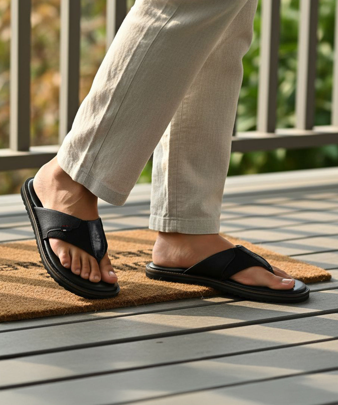 Lifestyle view of bugatti Cobie comfort thong sandals in black leather, paired with linen trousers.