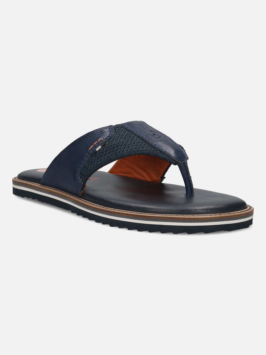 Men's Bugatti thong blue leather / textile shoes with a round toe , a eva outsole.