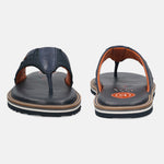 Men's Bugatti thong blue leather / textile shoes with a round toe , a eva outsole.