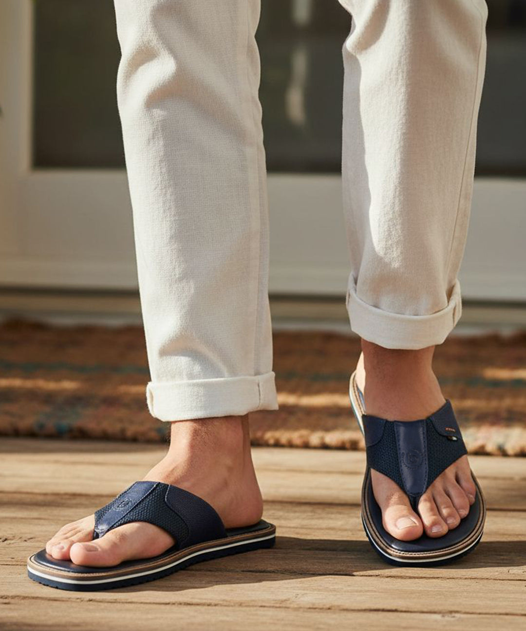 Lifestyle shot of bugatti Cobie comfort thong sandals in dark blue, worn with white casual pants.
