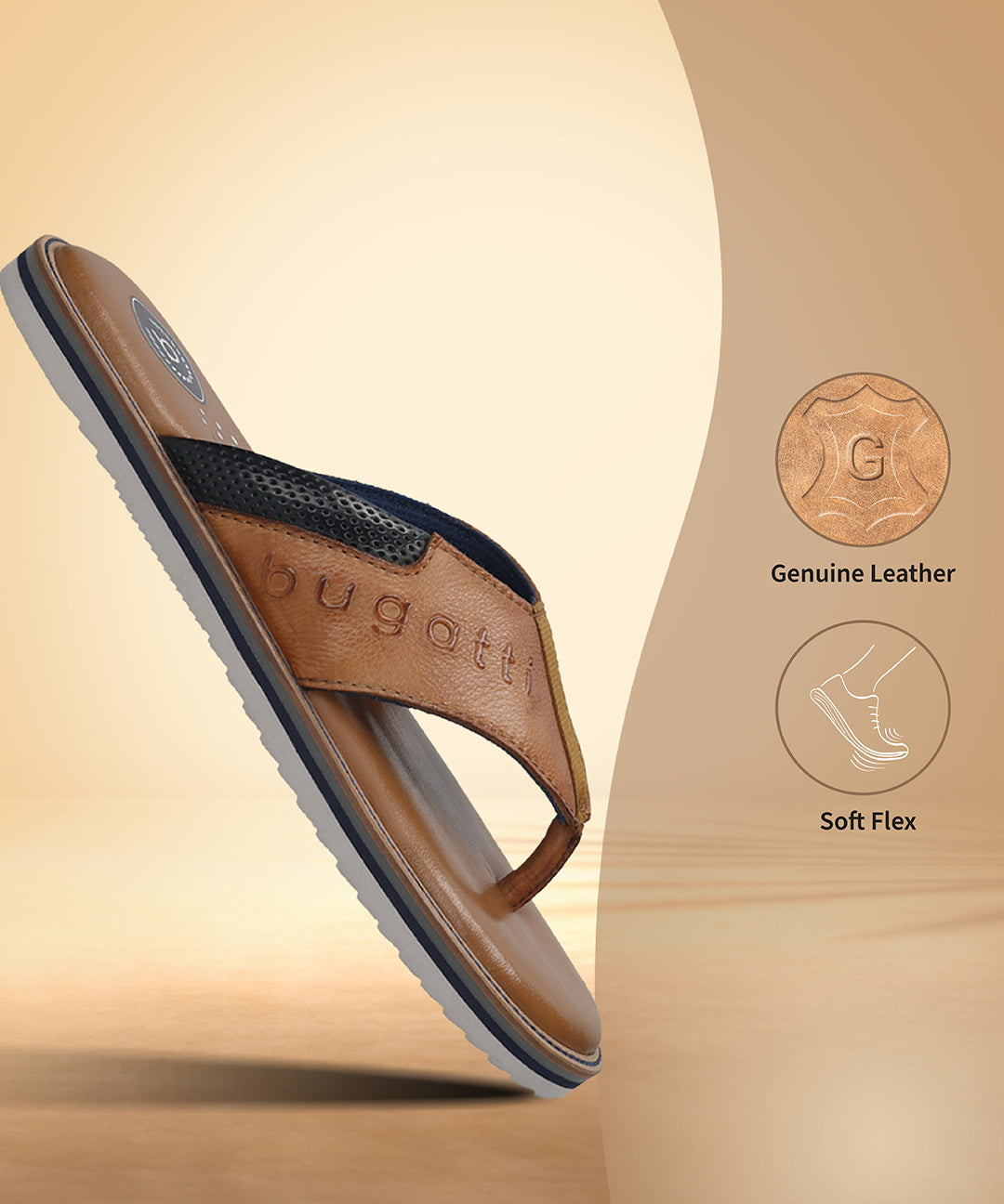 Men's Bugatti thong cognac leather shoes with a round toe , a eva outsole.