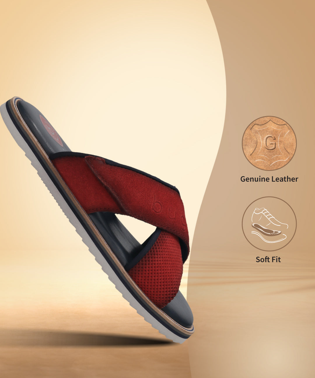 Bugatti Cobie red premium leather sandals with a comfortable cross strap design.
