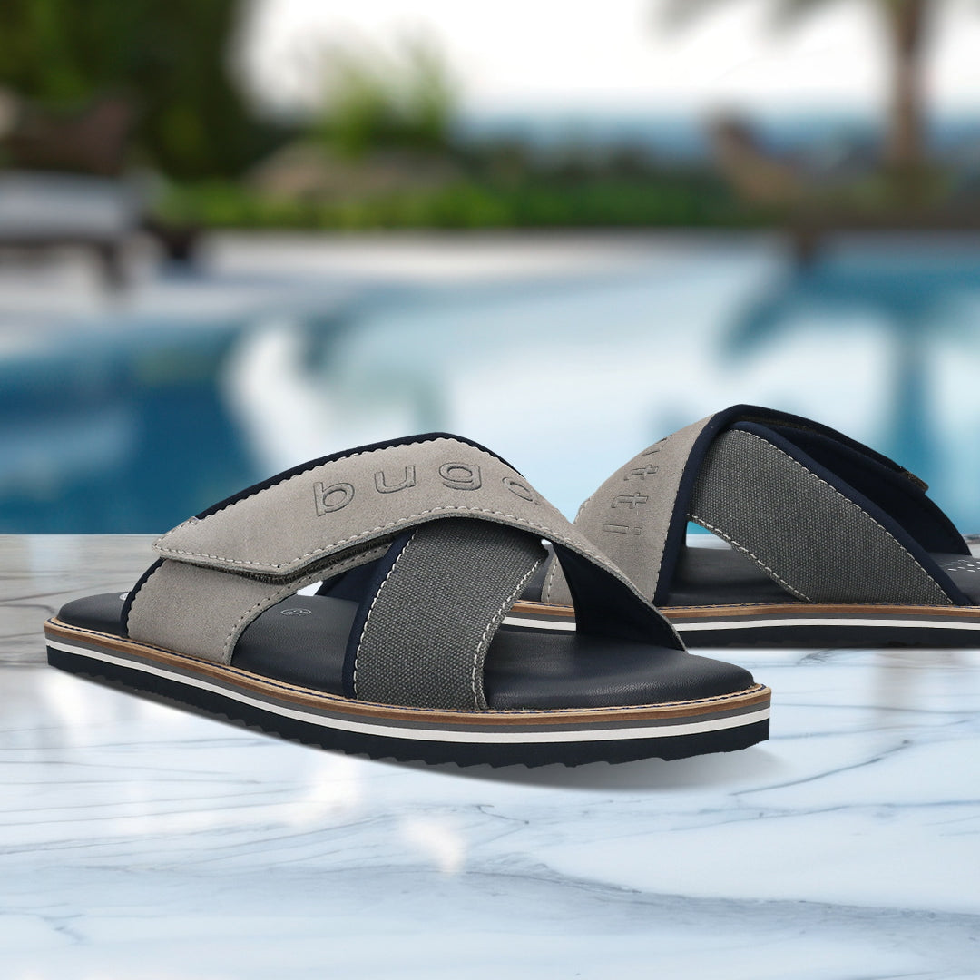 Men's Bugatti cross strap grey leather / textile shoes with a round toe , a eva outsole.