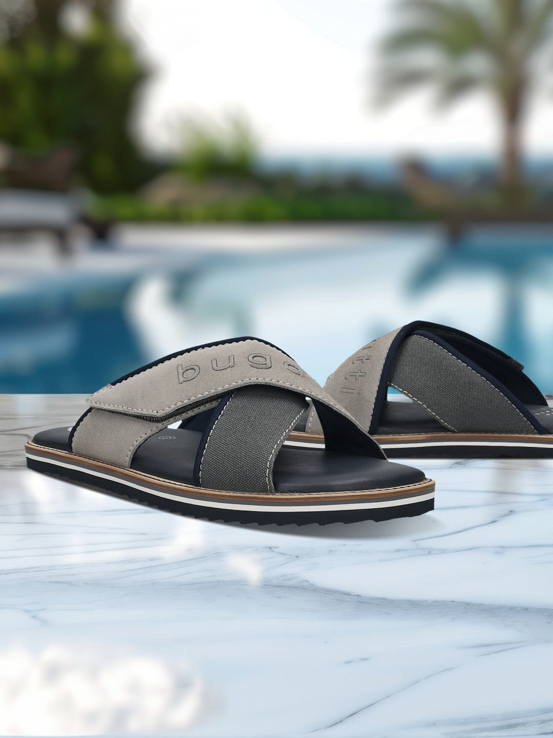 Men's Bugatti cross strap grey leather / textile shoes with a round toe , a eva outsole.