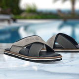 Men's Bugatti cross strap grey leather / textile shoes with a round toe , a eva outsole.