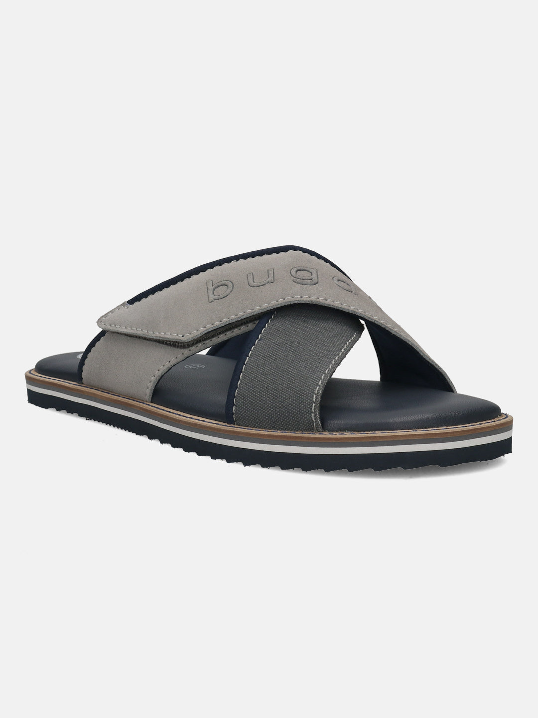 Men's Bugatti cross strap grey leather / textile shoes with a round toe , a eva outsole.