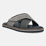 Men's Bugatti cross strap grey leather / textile shoes with a round toe , a eva outsole.