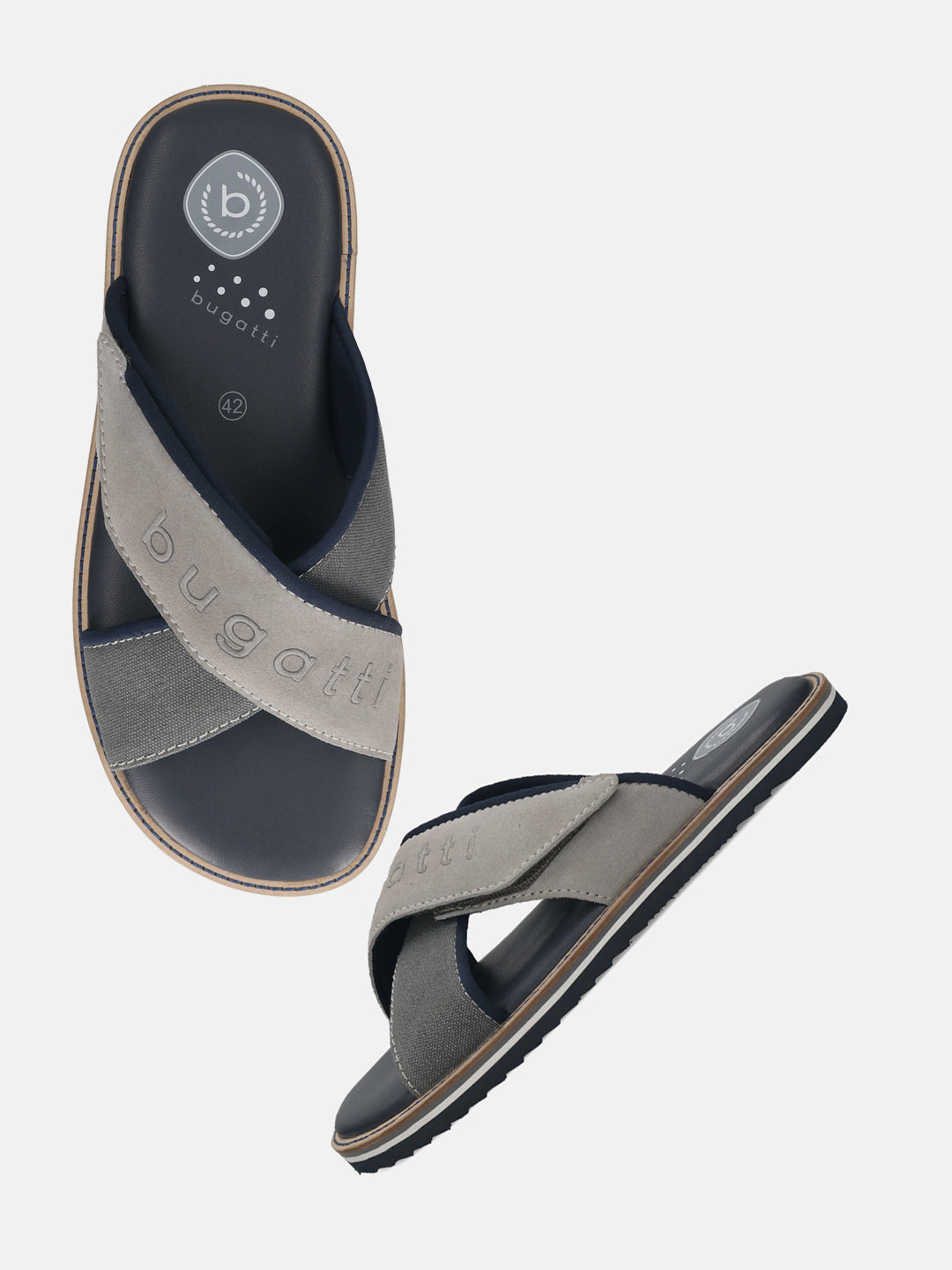 Men's Bugatti cross strap grey leather / textile shoes with a round toe , a eva outsole.