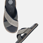 Men's Bugatti cross strap grey leather / textile shoes with a round toe , a eva outsole.