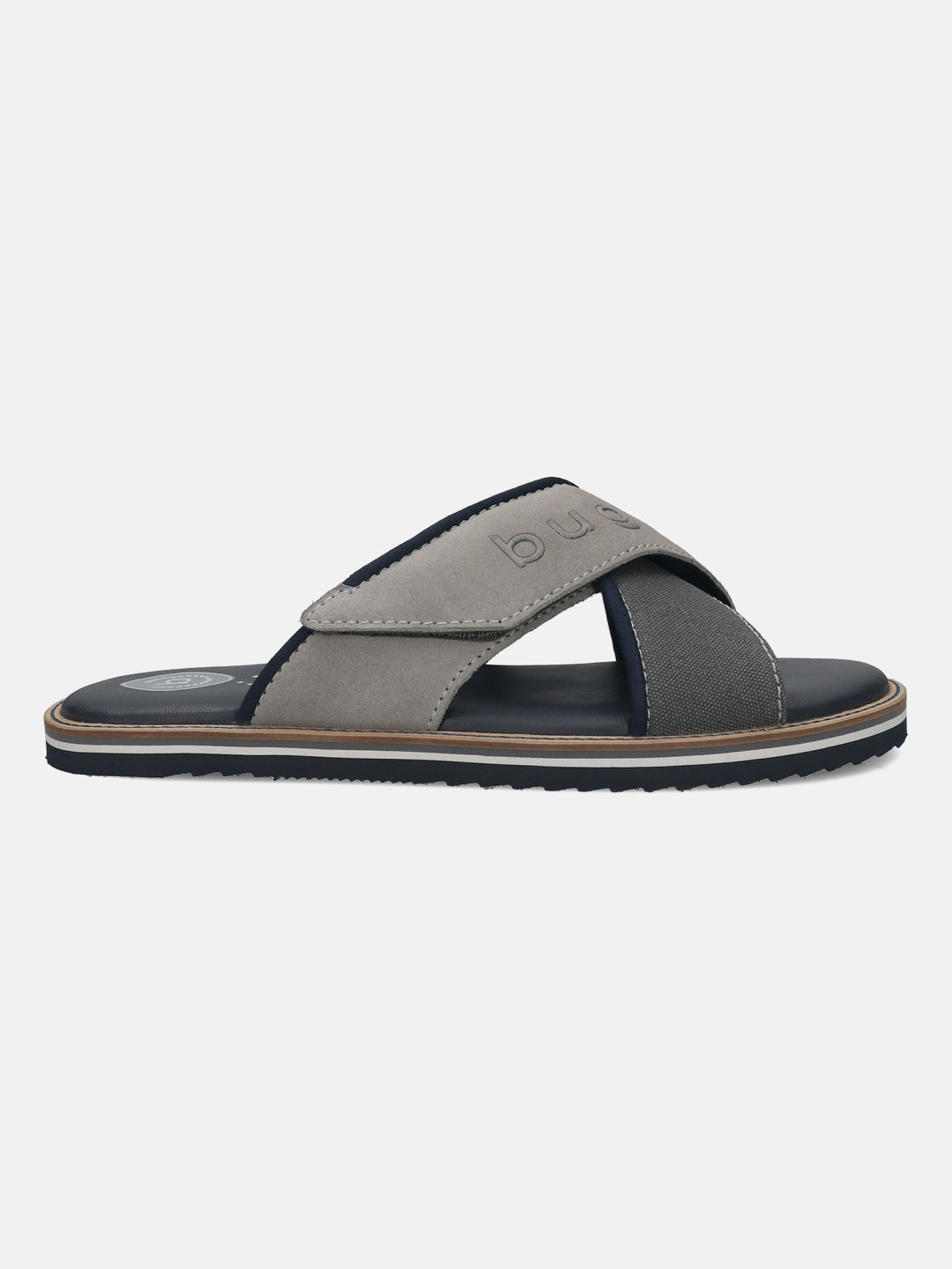 Men's Bugatti cross strap grey leather / textile shoes with a round toe , a eva outsole.