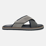 Men's Bugatti cross strap grey leather / textile shoes with a round toe , a eva outsole.