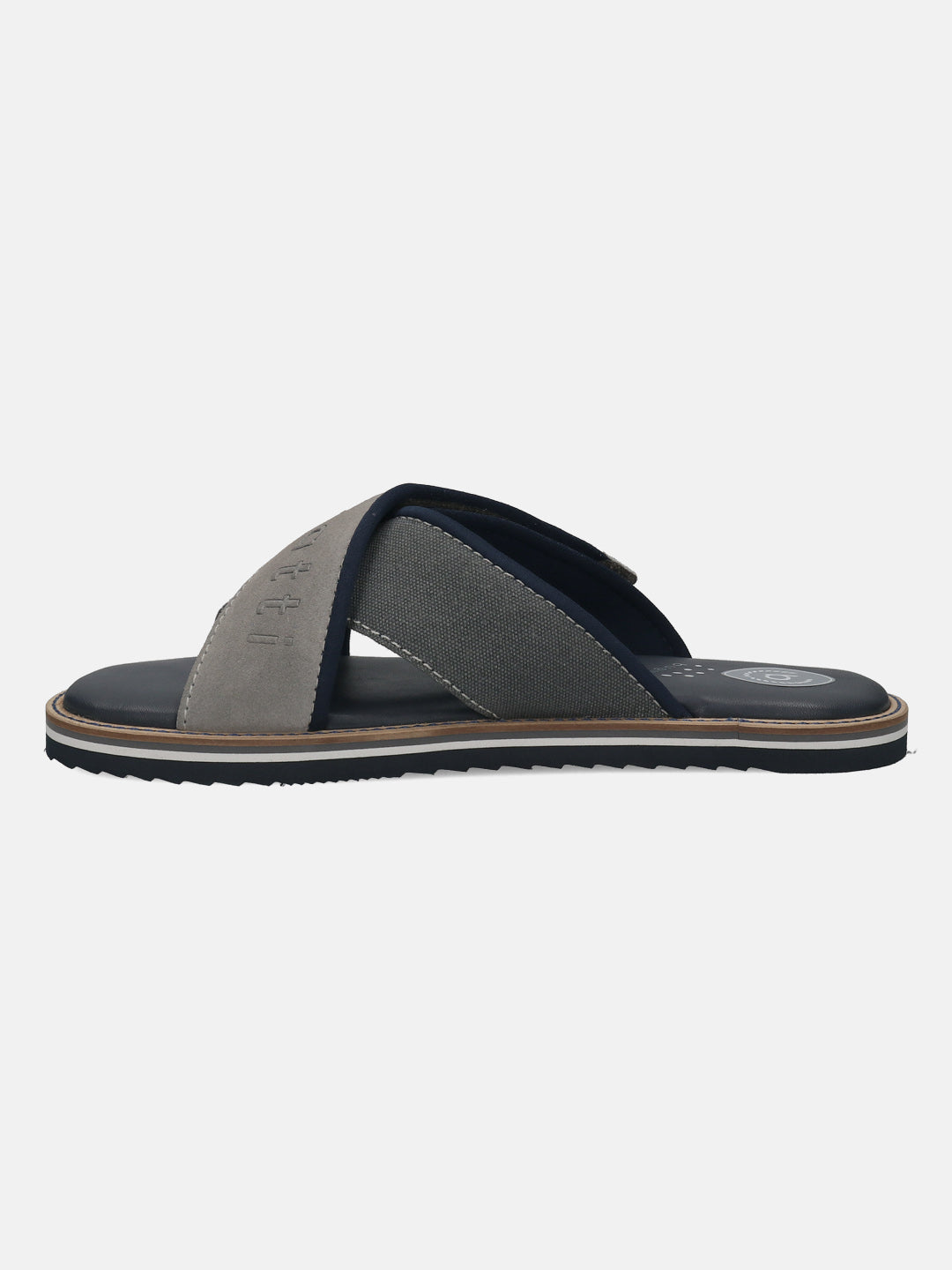 Men's Bugatti cross strap grey leather / textile shoes with a round toe , a eva outsole.