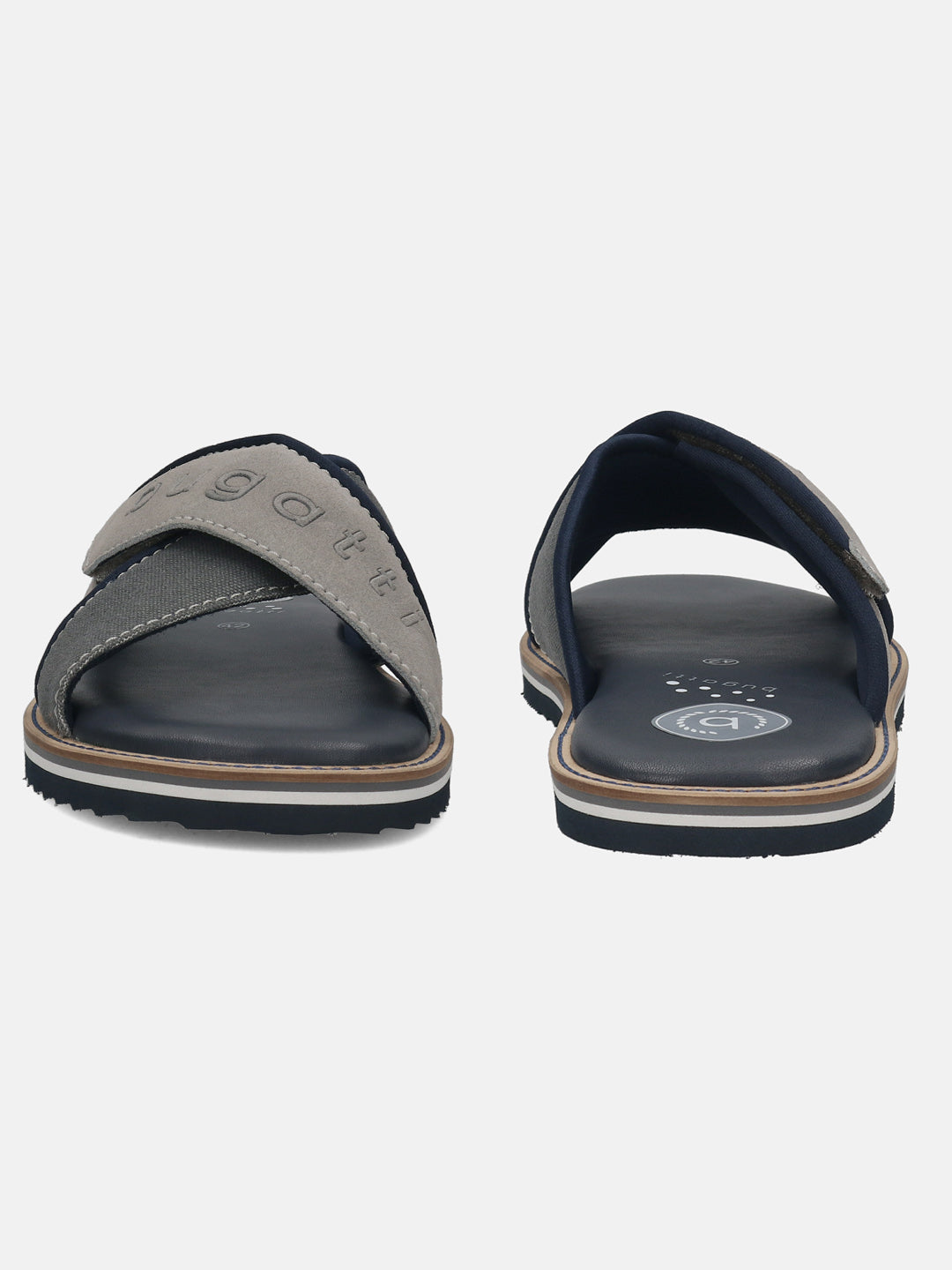 Men's Bugatti cross strap grey leather / textile shoes with a round toe , a eva outsole.