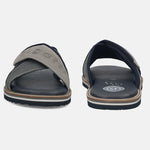 Men's Bugatti cross strap grey leather / textile shoes with a round toe , a eva outsole.