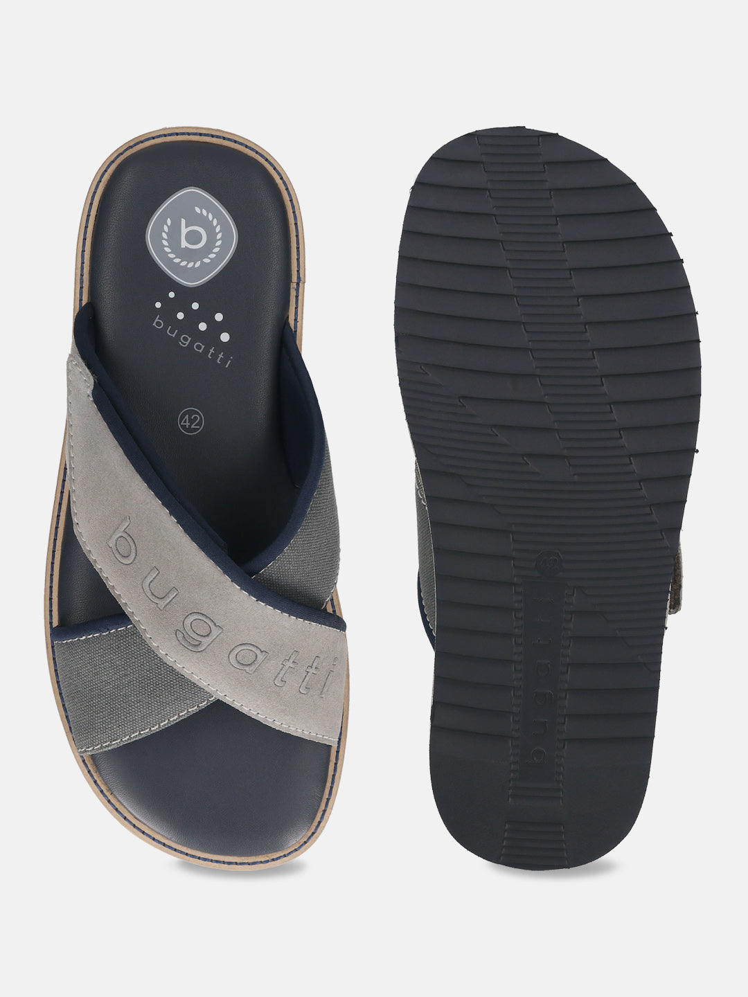 Men's Bugatti cross strap grey leather / textile shoes with a round toe , a eva outsole.