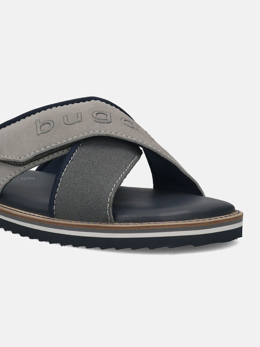 Men's Bugatti cross strap grey leather / textile shoes with a round toe , a eva outsole.