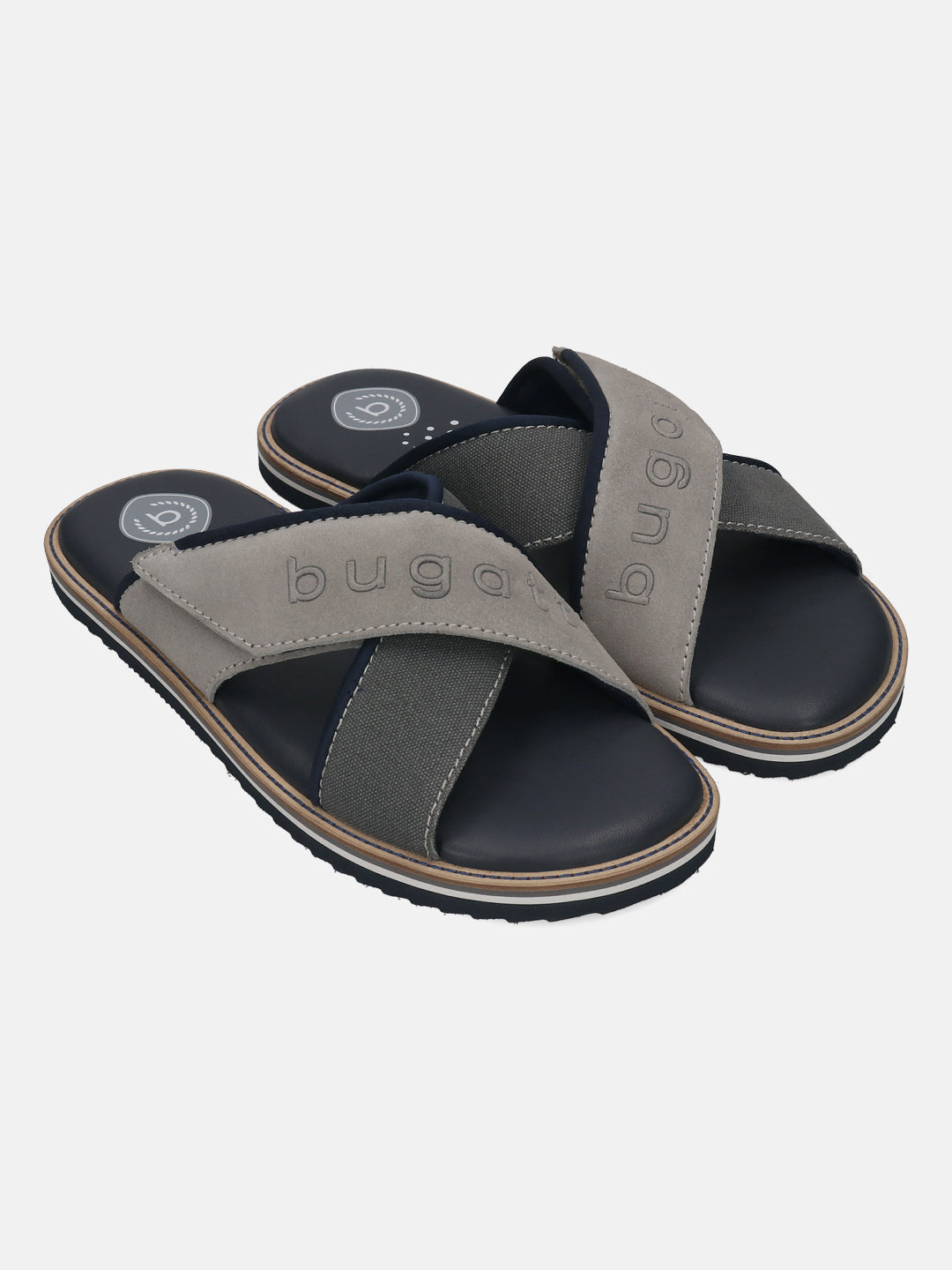 Men's Bugatti cross strap grey leather / textile shoes with a round toe , a eva outsole.