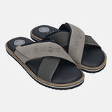 Men's Bugatti cross strap grey leather / textile shoes with a round toe , a eva outsole.