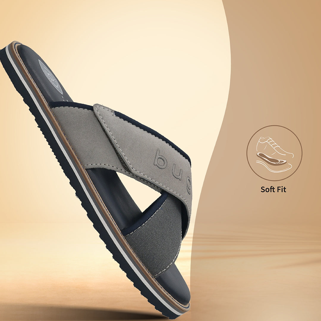 Men's Bugatti cross strap grey leather / textile shoes with a round toe , a eva outsole.