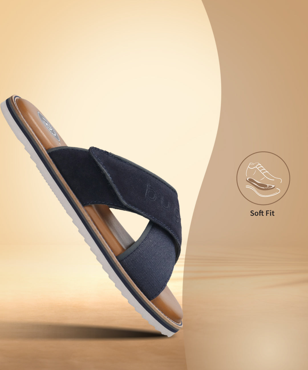 bugatti Cobie dark blue comfort sandals featuring cross straps with a white and tan sole.