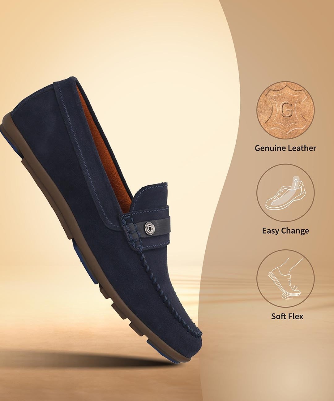 Men's Bugatti drivers blue leather shoes with a round toe and apron toe , a rubber outsole.