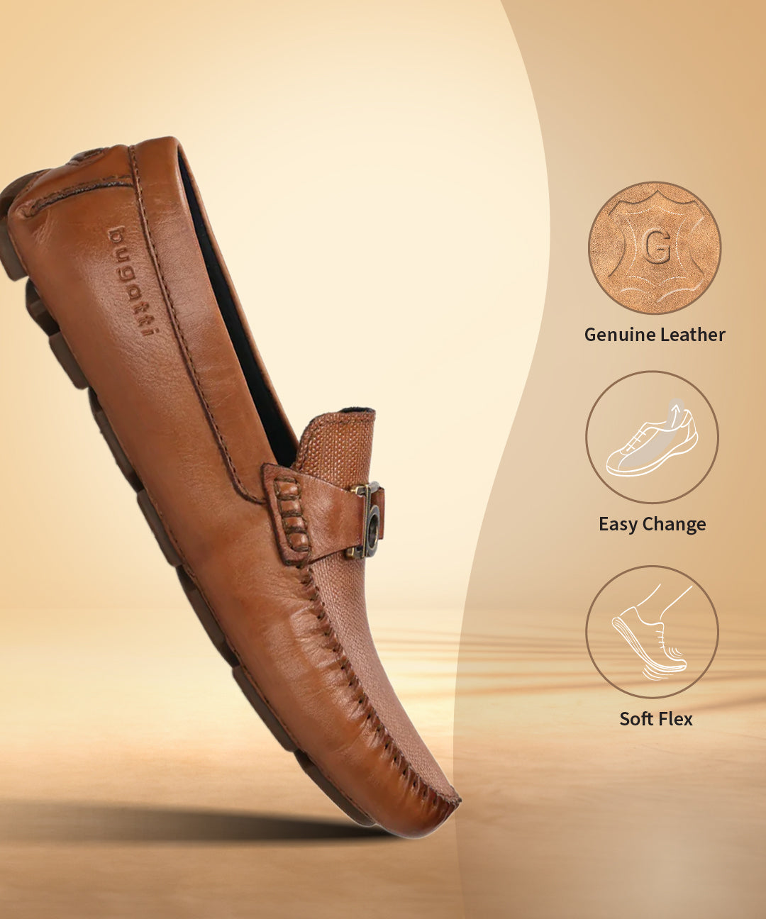 A cognac Men's bugatti Drivers featuring a square toe apron toe, zero heels heel. Made from premium genuine leather with a durable rubber outsole, this slip-on design offers both style and comfort.