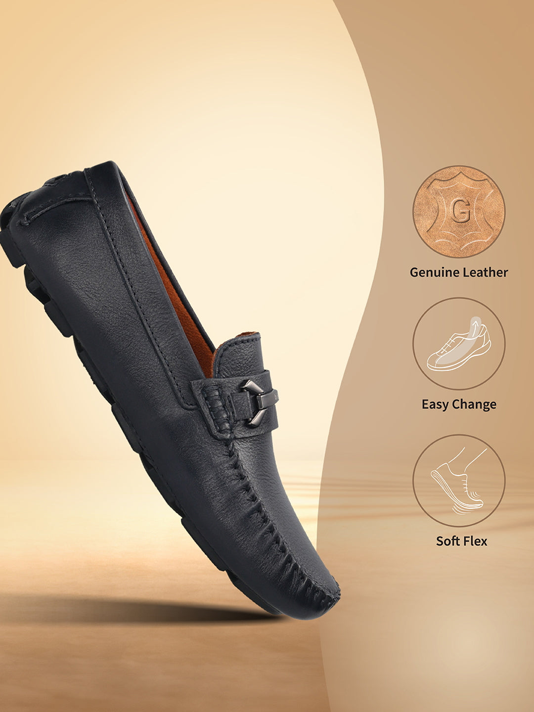 Men's Bugatti drivers blue leather shoes with a round toe and apron toe , a rubber outsole.